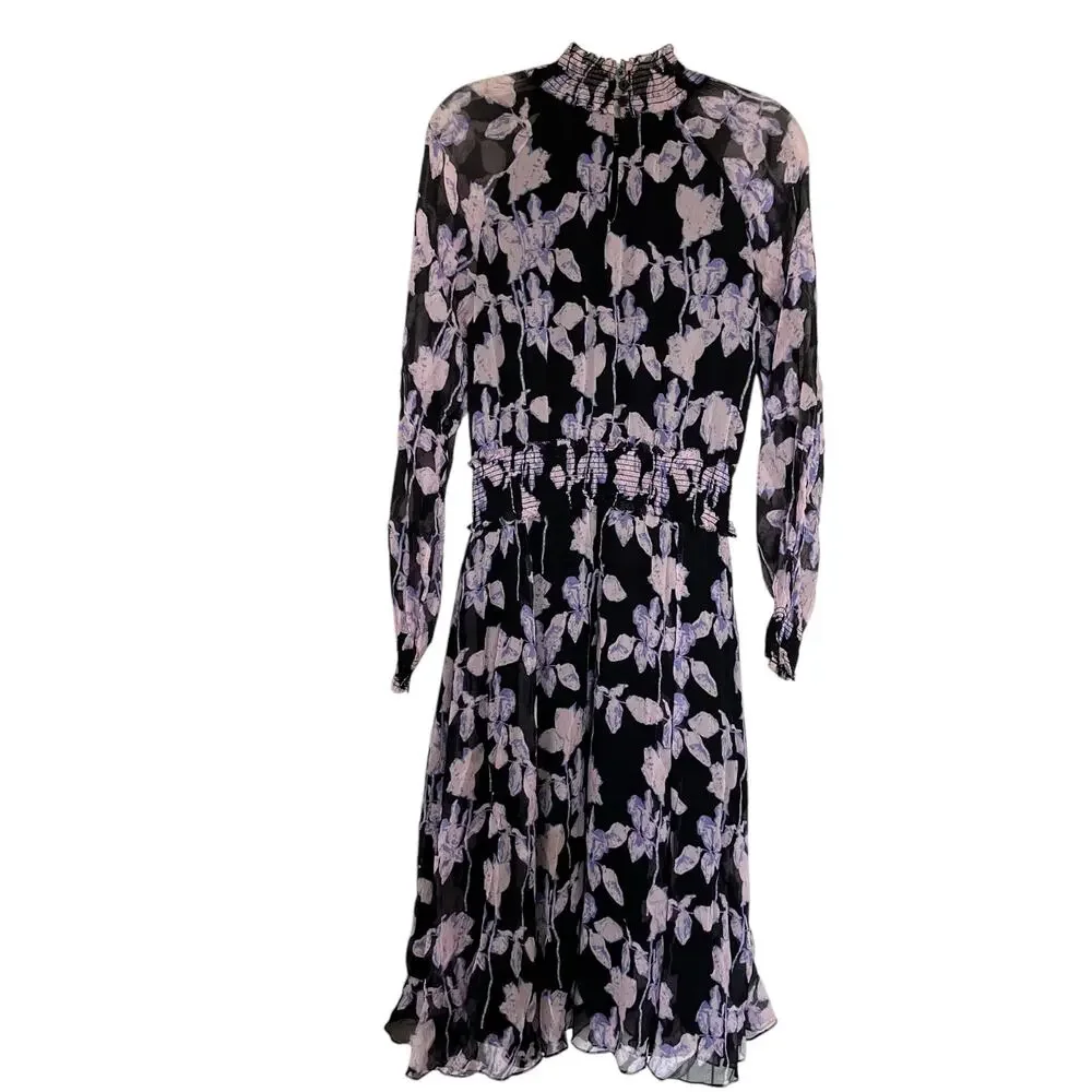 Diane Von Furstenberg Athena Black Purple Floral Printed Silk Midi Dress Size XS